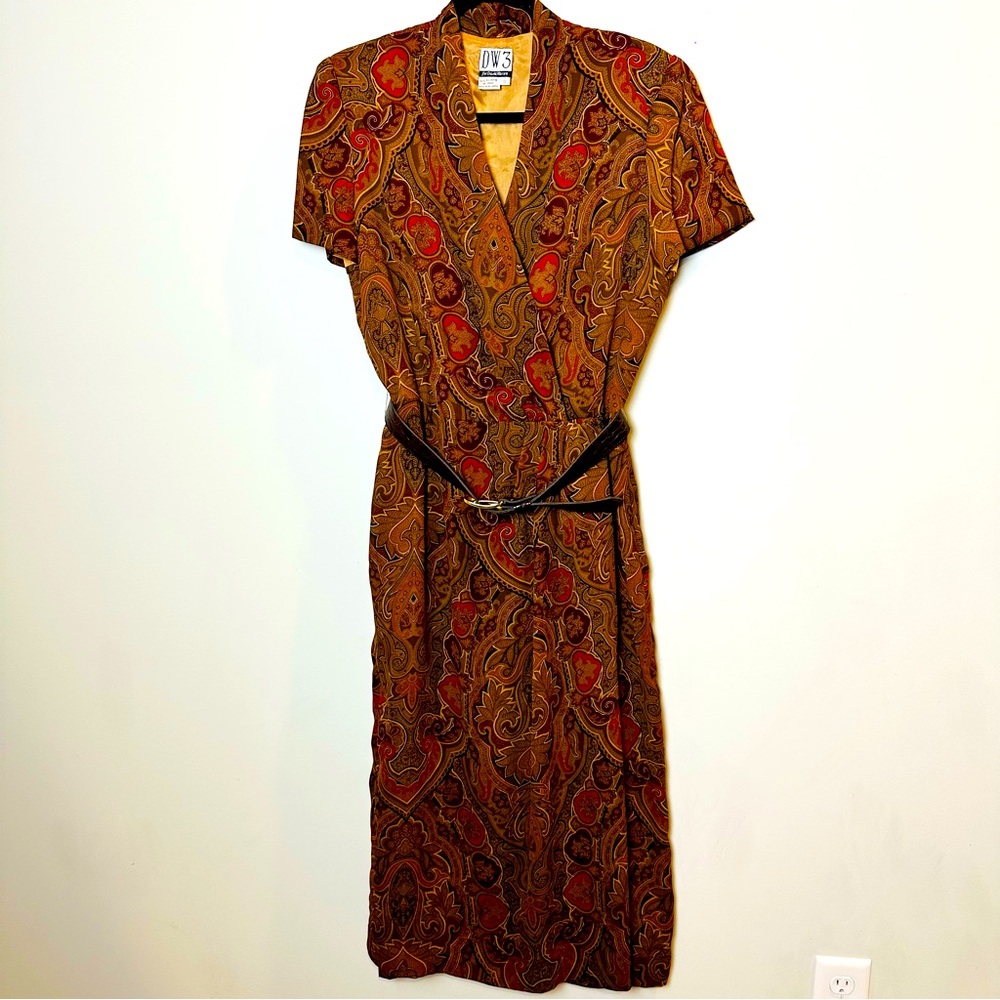 DW3 DAVID WARREN 12 Vintage Paisley Faux Wrap Short Sleeve Long Dress Women.A160
